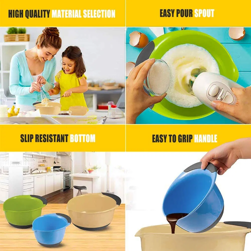 Plastic Nesting Mixing Bowls Set with Rubber Grip Handles Easy Pour Spout