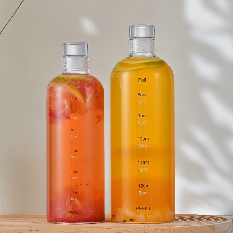 17oz 500ml High Borosilicate Glass Water Bottle Drinks Juice Beverage Glass Water Bottle with Time Marker Reminder for Sport