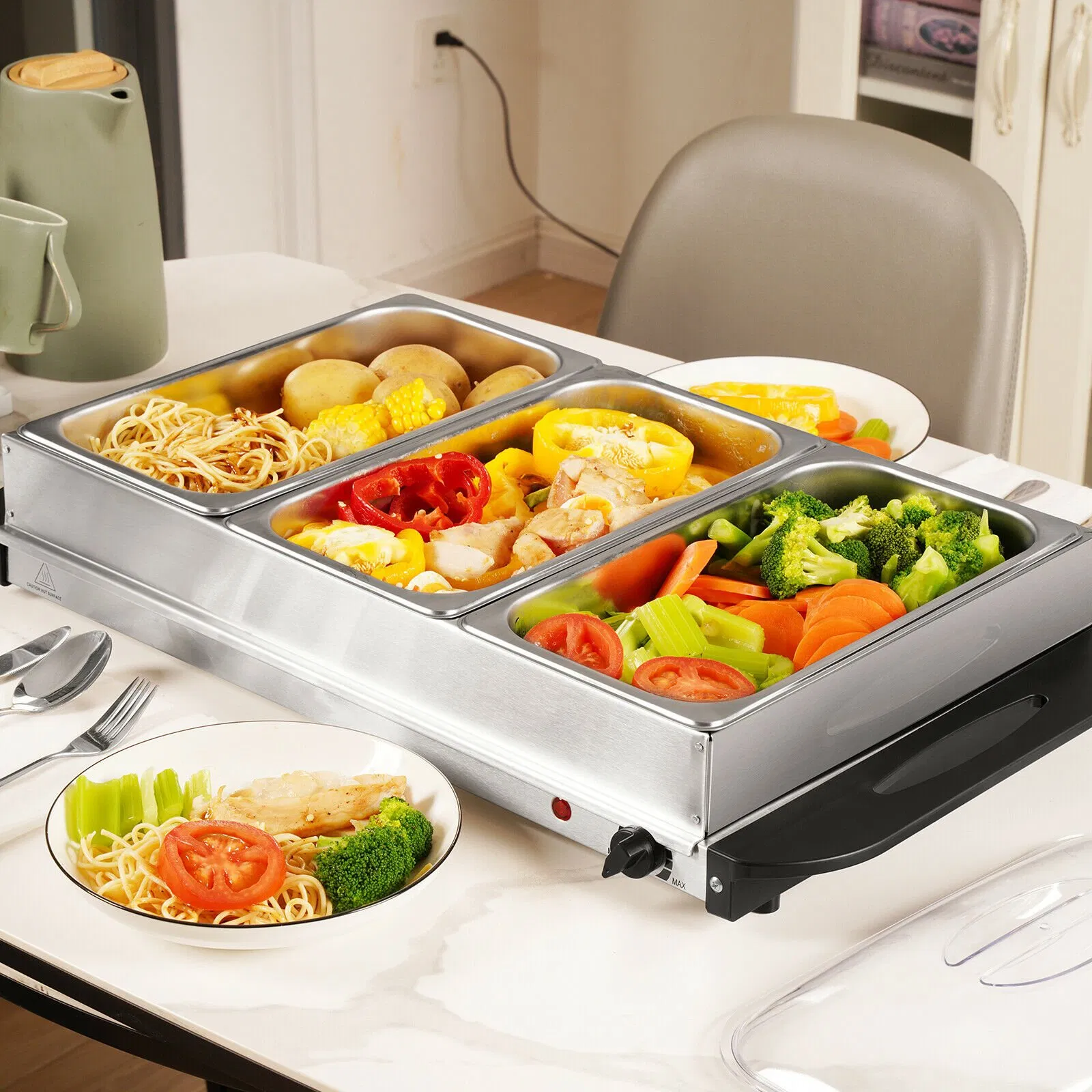 300W Electric Buffet Server Food Warmer 3.5lx3 Food Tray Warmer