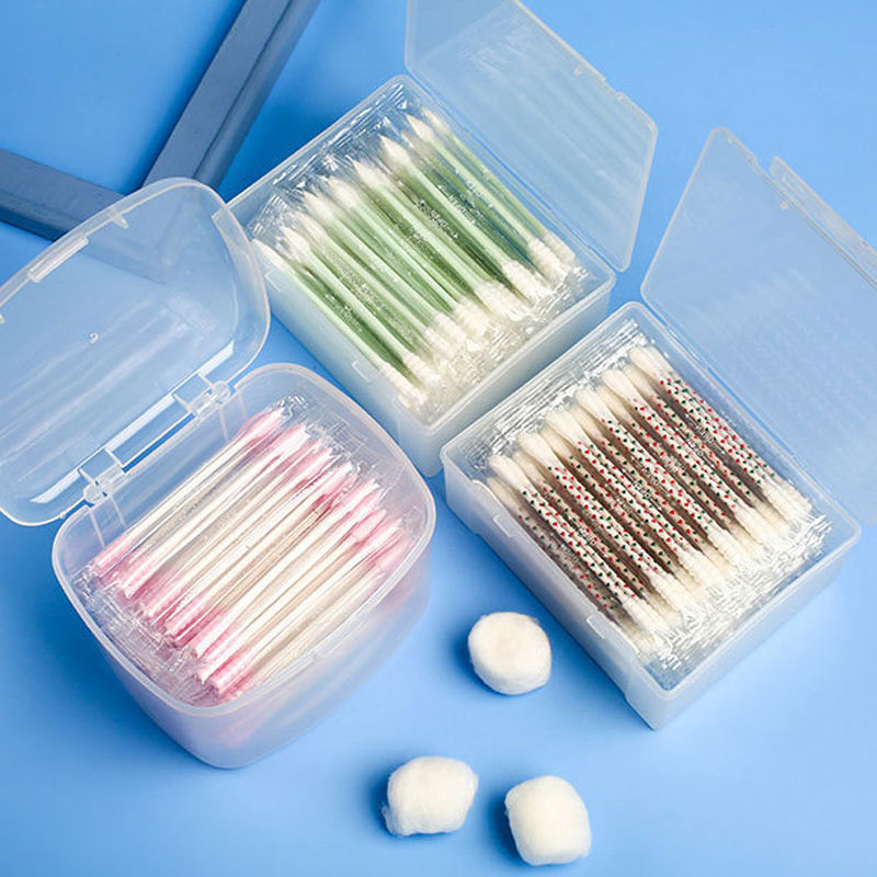 a Double-Clasp Square Box Containing 100 Individually-Packaged Colored- Stick Cotton Swabs.