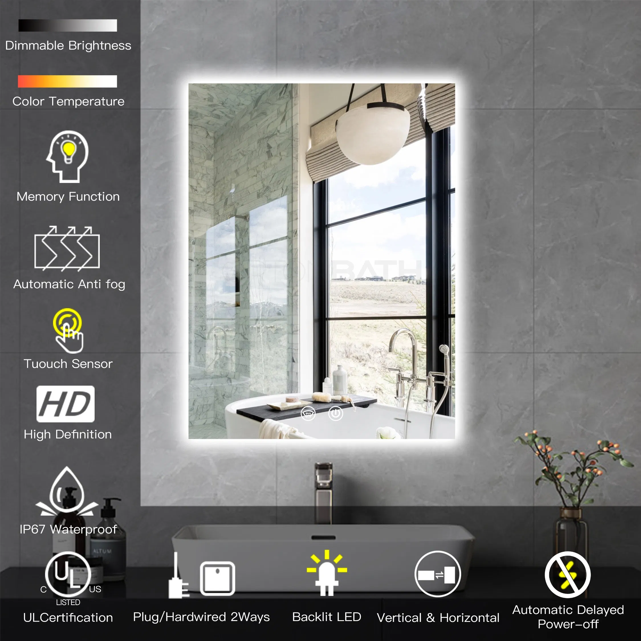 Ortonbath LED Mirror Lighted Bathroom Mirror, Anti Fog Acrylic Backlit Vanity Mirror with Lights, IP54 Waterproof Dimmable Makeup Mirror Horizontal/Vertical