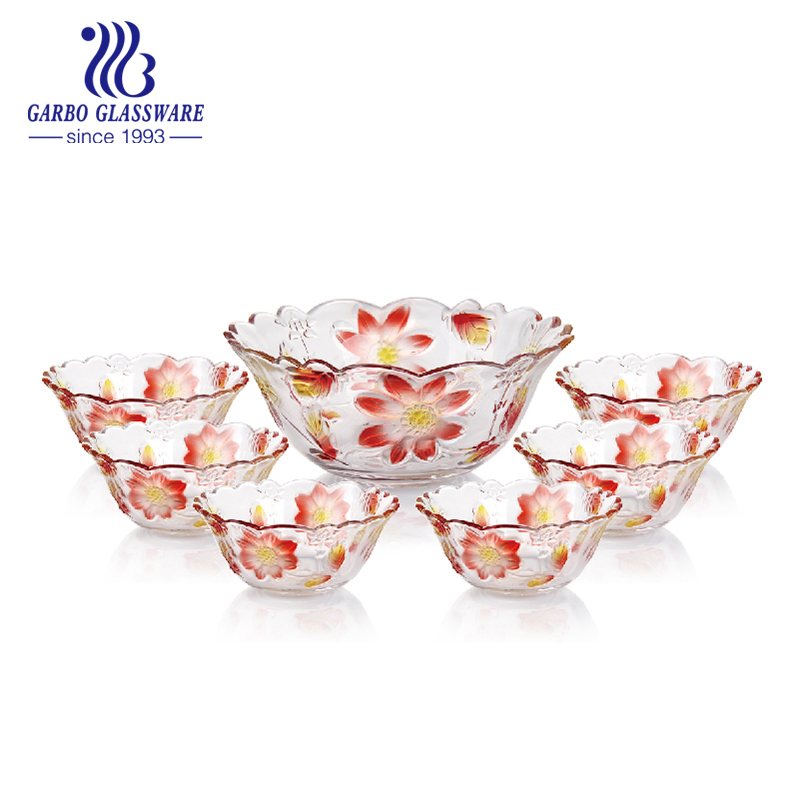 7PCS Colored Glass Salad Bowl Set with Lily Flower Glass Fruit Bowls Set for India Market