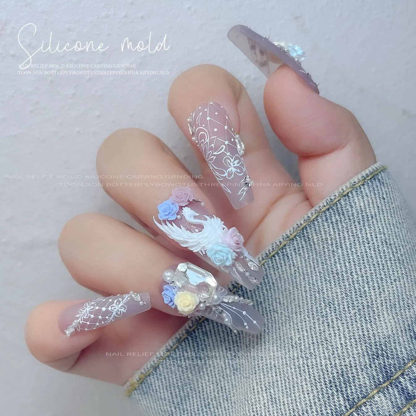 Nail Silicone Mold French Lace with Cartoon Flower Tulip Butterfly Nail Jewelry Tools for UV Jel Nail Mold