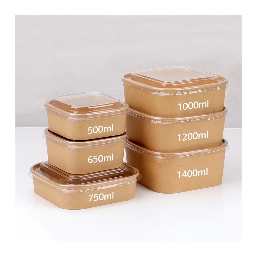 Eco-Friendly Custom Print Large Square 1400ml Rice Food Soup Serving Bowls Disposable 16oz 24oz Biodegradable Kraft Paper Bowl for Fruits Salad
