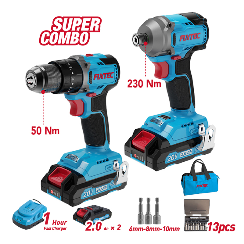 Fixtec 20V Cordless Impact Drill Mini Wireless Power Driver Lithium-Ion Battery Multifunctional Hand Drills Electric Screwdriver Set