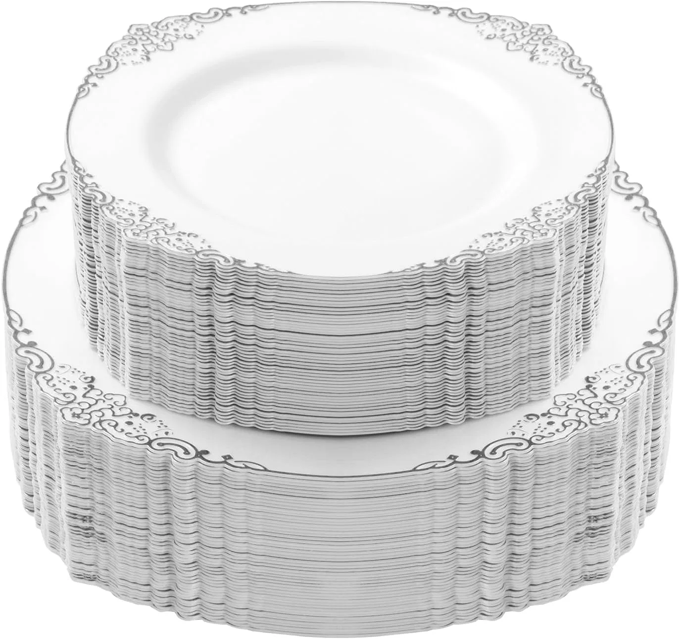 White and Vintage Silver Disposable Plastic Plates Dinnerware