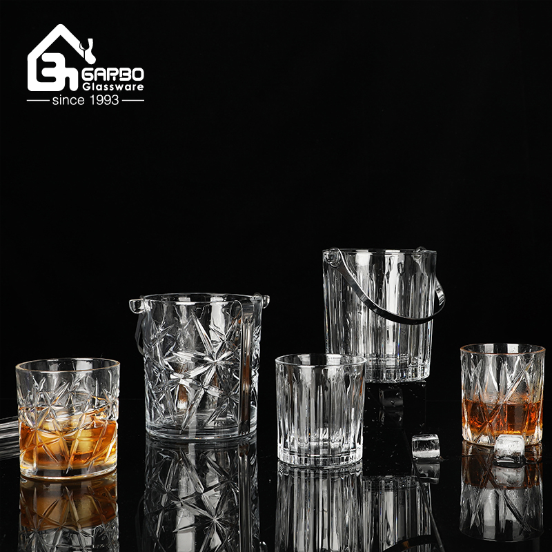 Glass Ice Bucket Set with Classic Engraved Wholesale Price 7PCS Glass Ice Bucket and Cup Set for Party Use Whiskey Drinking