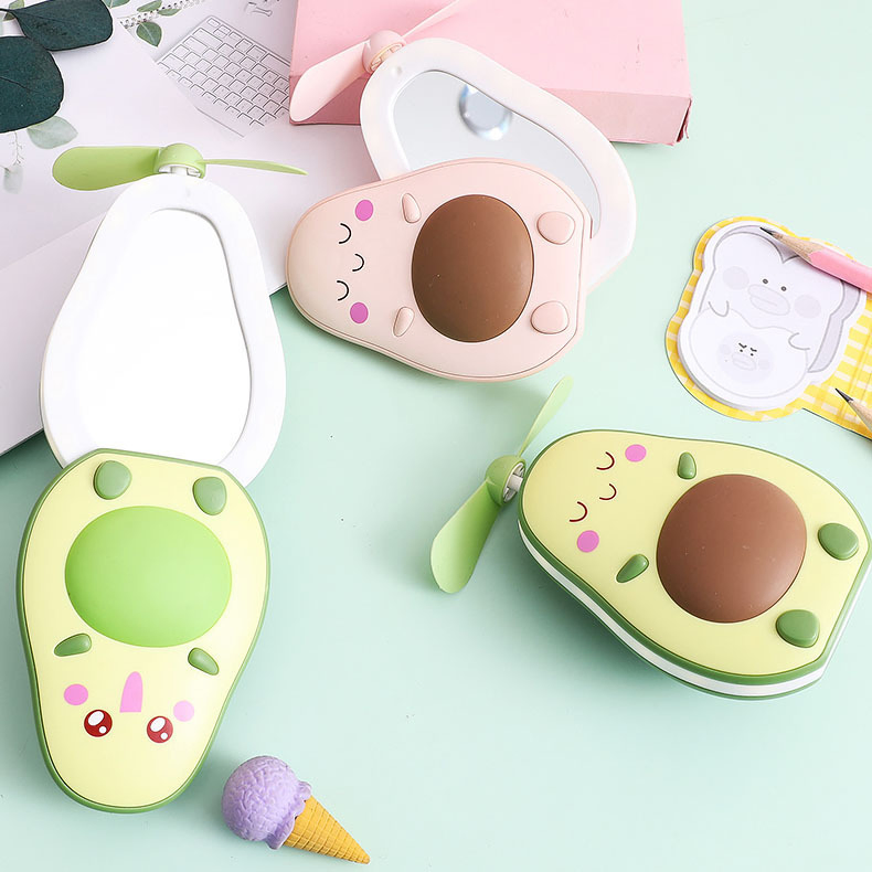 Portable Handheld Beauty Mirror LED Makeup Mirror with Soft Cute Avocado Fan