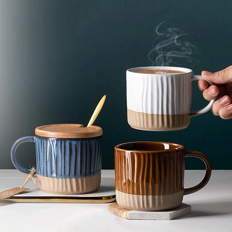 Two Tone Glazed Ceramic Cups Office Personalized Coffee Tea Mug with Wood Lid