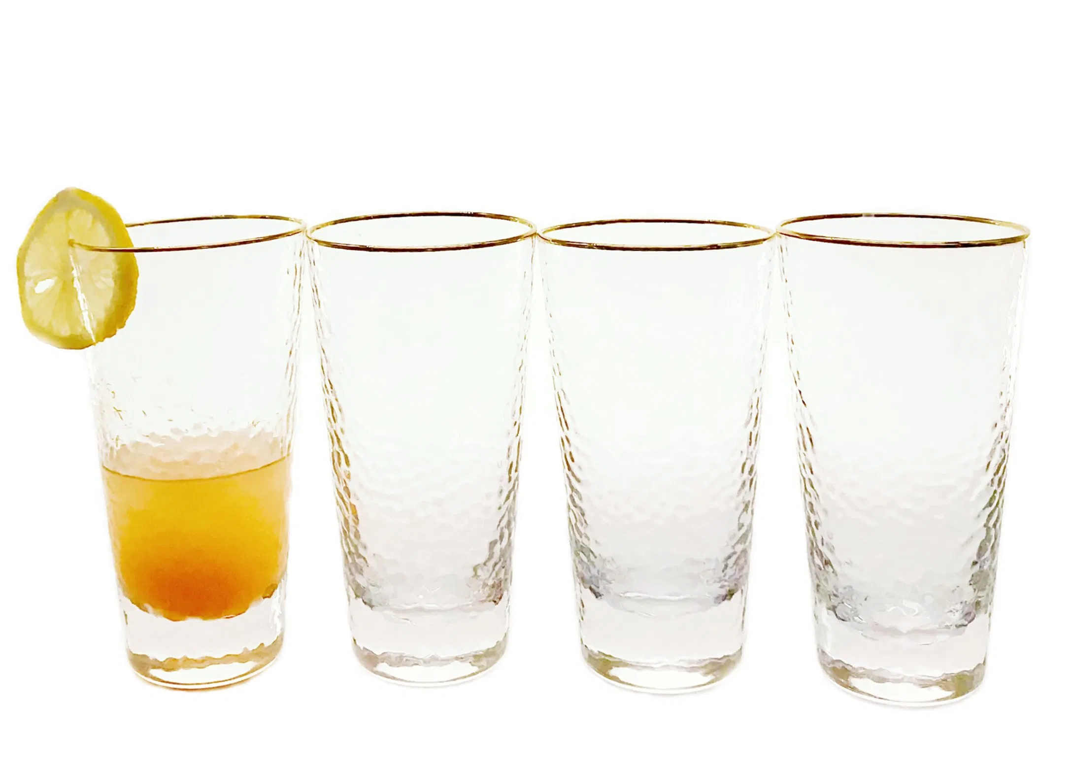 Highball Hammered Thick Drinking Glass Sets with Gold Rim and Heavy Base