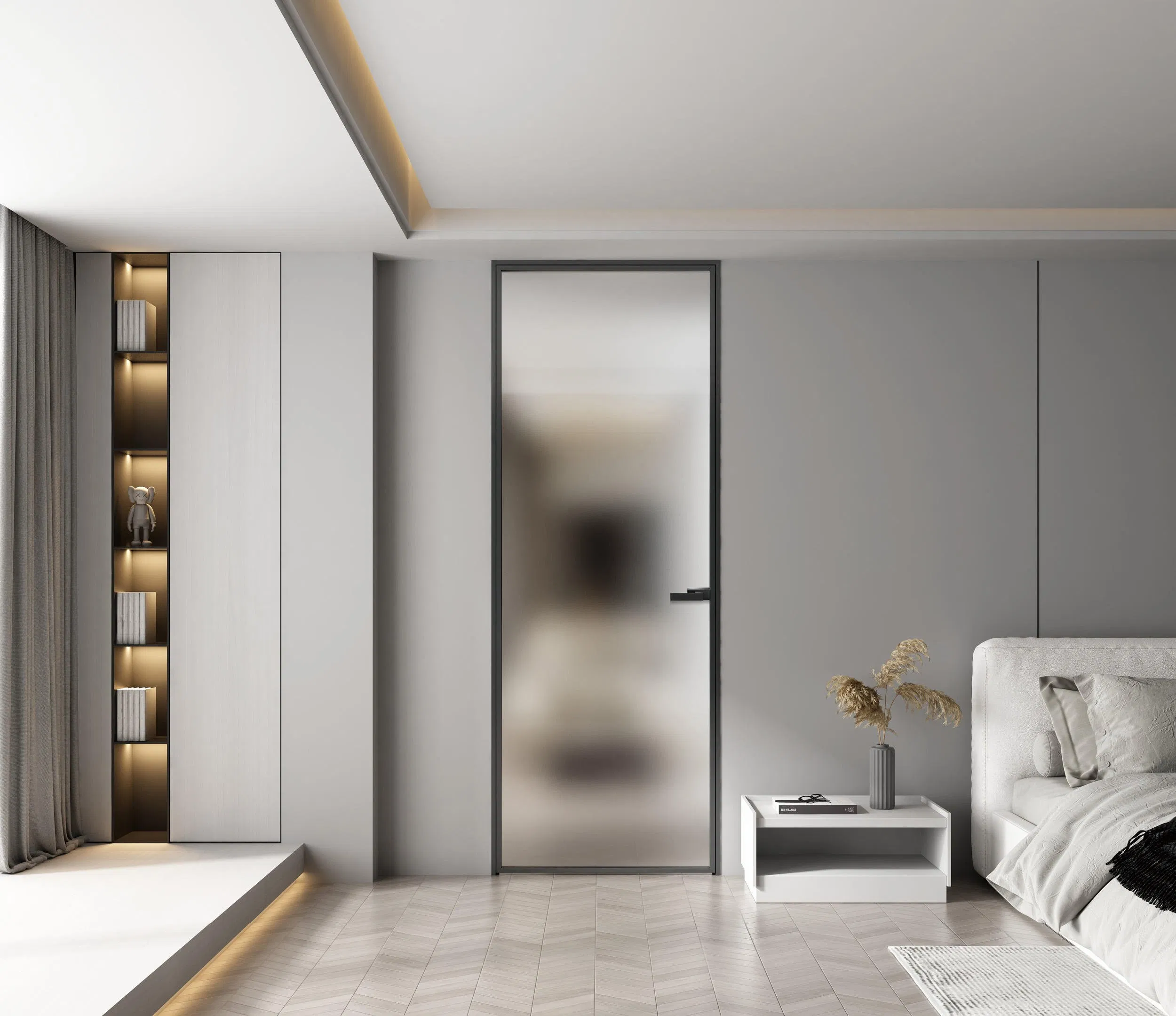 Foshan Modern Design Style Black Narrow Edge Frame Frosted Glass Door for Apartment Bathroom Interior Door