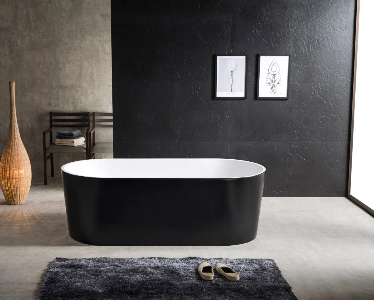 Bathrooms White&Black Acrylic Bathtub, Freestanding Acrylic Bathtub with Freestanding Bathtub Faucet Mixer