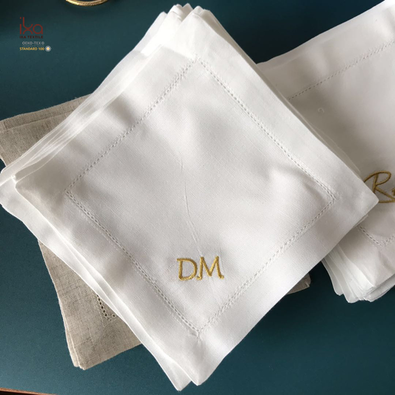 Party Restaurant Table Decorative Color Personalized Custom Wholesale Hemstitch White Embroidered Pure Linen Square Cocktail Napkins with Logo