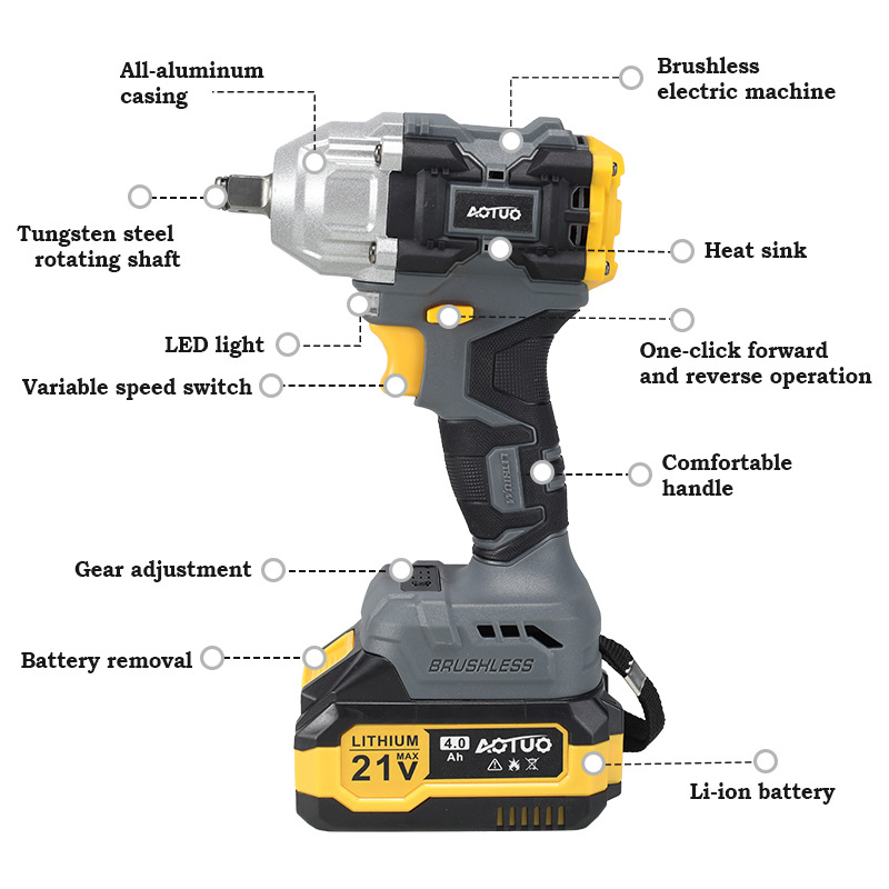 21V Cordless 350nm Lithium Ion Battery Brushless Cordless Impact Wrench Power-Tool