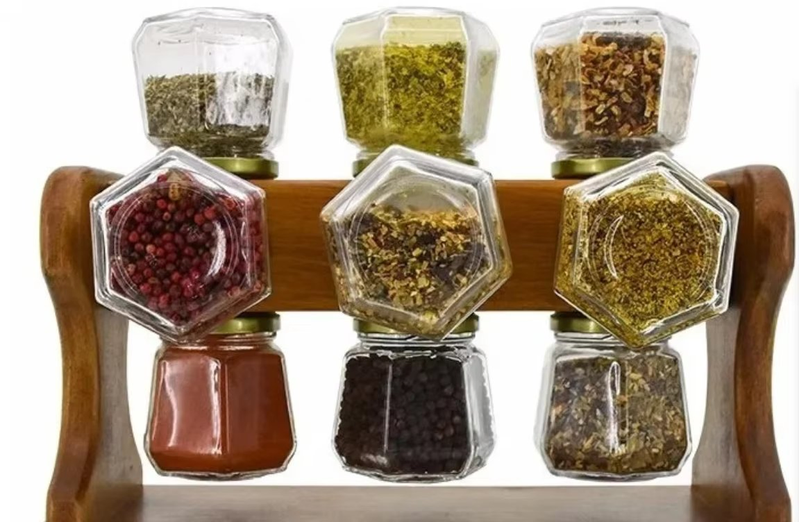 Spice Rack Seasoning Holder Wood Revolving Cruet Holder 12 Pots Kitchen Storage Jar