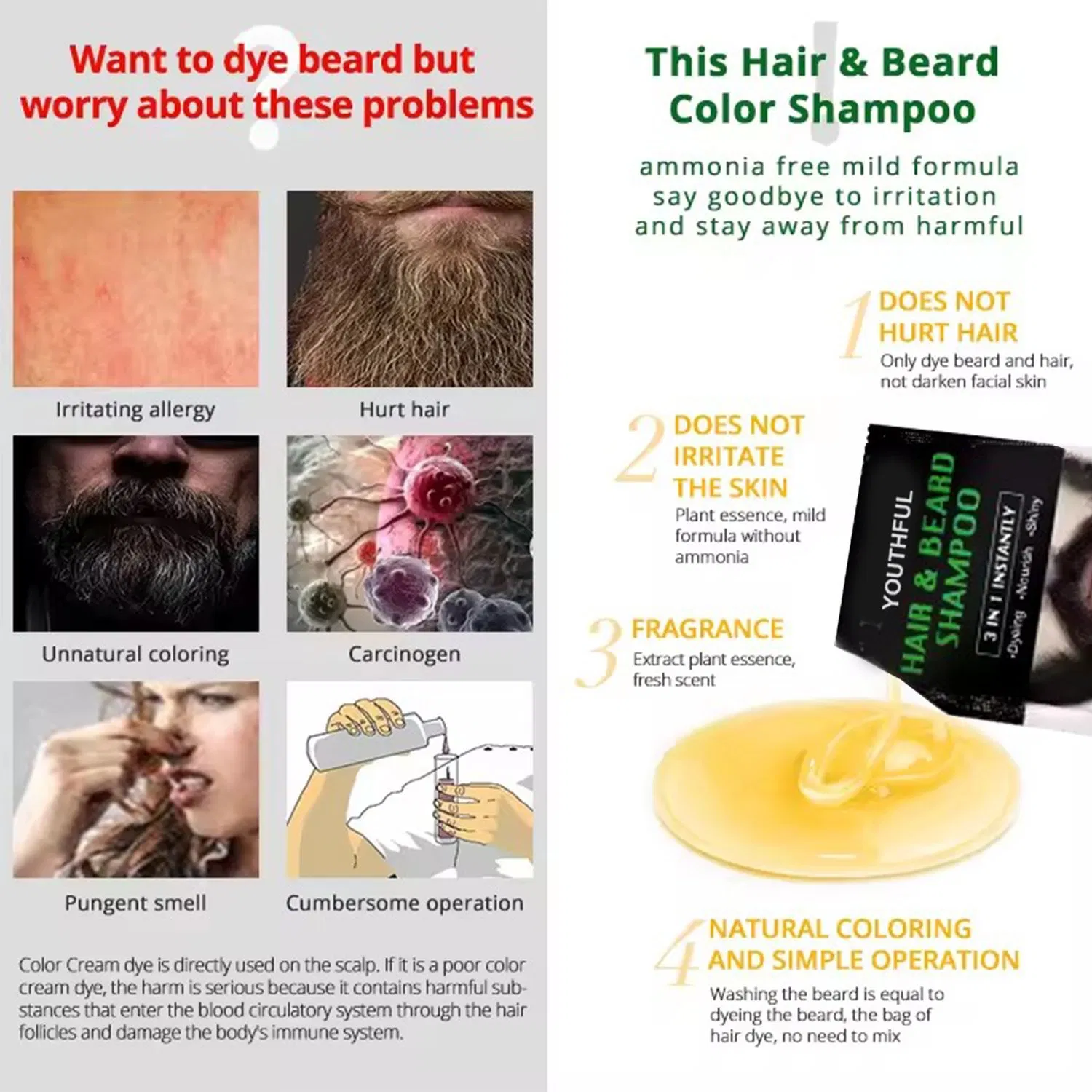 Black Hair Beard Oil Color Dye Shampoo for Men