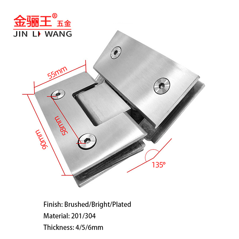 Glass to Glass Square 135 Degree Hotel Bathroom Fittings 201 304 Stainless Steel Shower Hinge Frameless Glass Door Hinge for Shower Room Hardware
