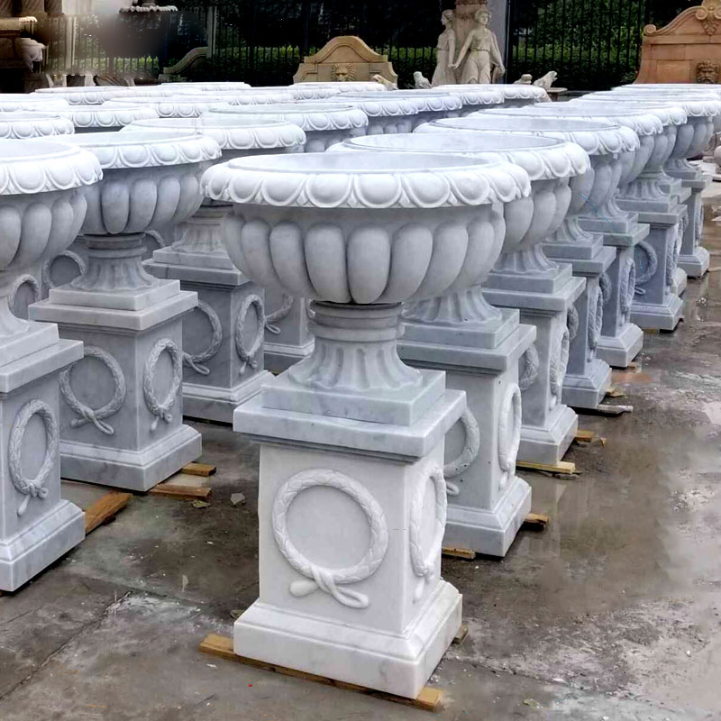 Large Tall White Flower Pot Natural Marble Planter with Baby Relief