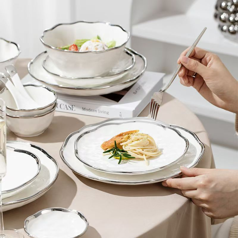 Luxury White Porcelain Dinner Set Featuring Elegant Silver Edging