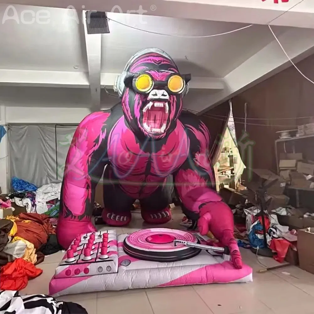 5m Giant Inflatable Gorilla Wearing Headphone Pressing DJ Key Board Balloon for Nightclub Music Festival Decor Event Advertising Props