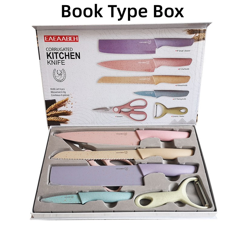 Wheat Straw Kitchen Knives, Food Safe Wheat Straw Stainless Steel Knife, 4 Knives, Scissors, Peeler 6PCS Small Set Kitchen Knife Set in Sliding Drawer Box