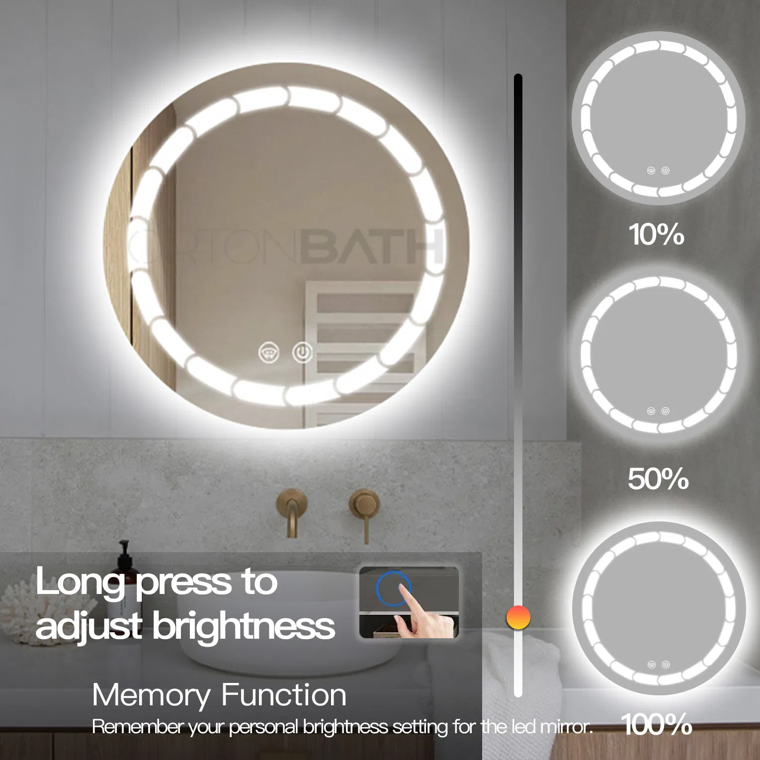 Ortonbath 600X600mm Round Illuminated LED Light Bathroom Mirror Backlit Makeup Mirror with Sensor Touch Control Anti-Fog Mirror with Warm White Light