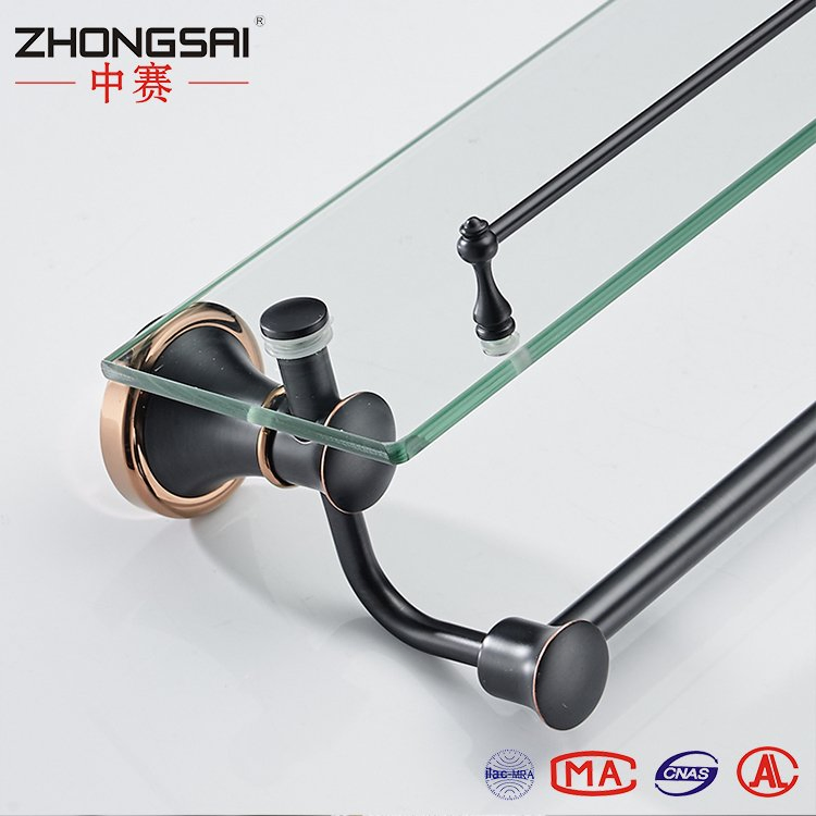 Royal Bathroom Wall Mounted Antique Black Single Tier Towel Glass Wall Shelf with Towel Bar