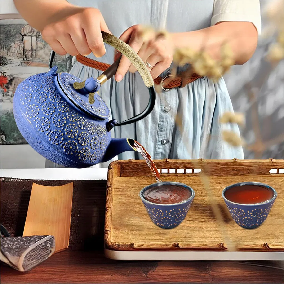 32 Oz 6 Piece Set Japanese Cast Iron Teapot Set Japanese Tetsubin Kettle Set with Infuser, 4 Teacups, Cap Lifter and Trivet