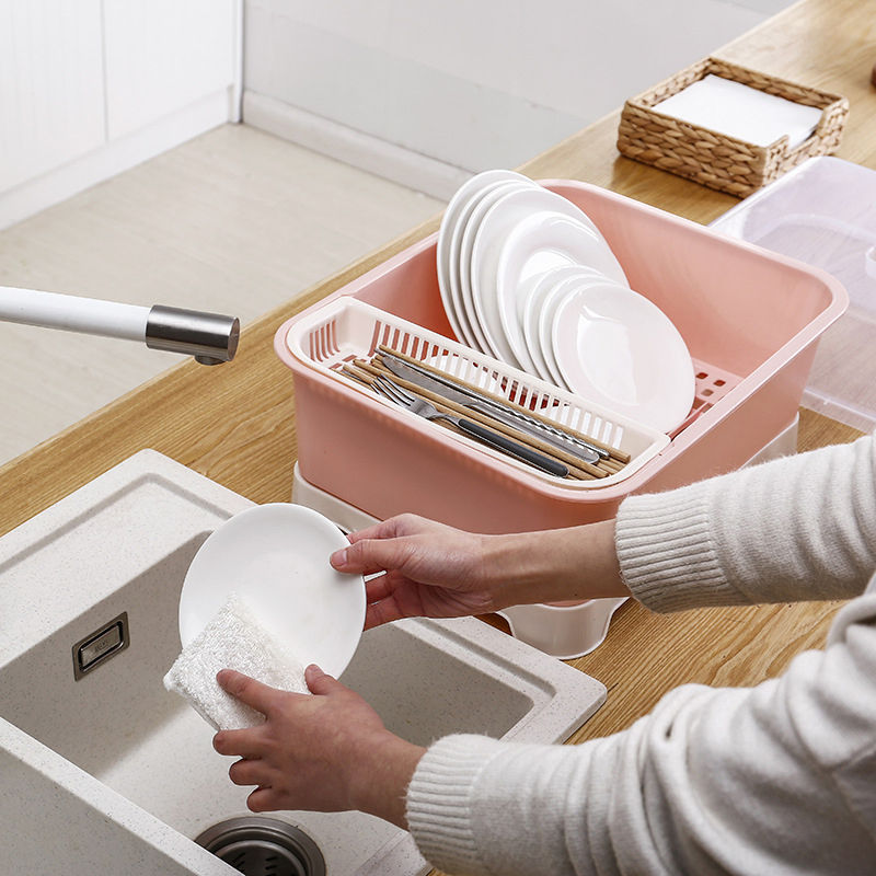 Multi Function Plastic Kitchenware Storage Rack with Cover Drain Tray Rack Kitchen Dish Rack