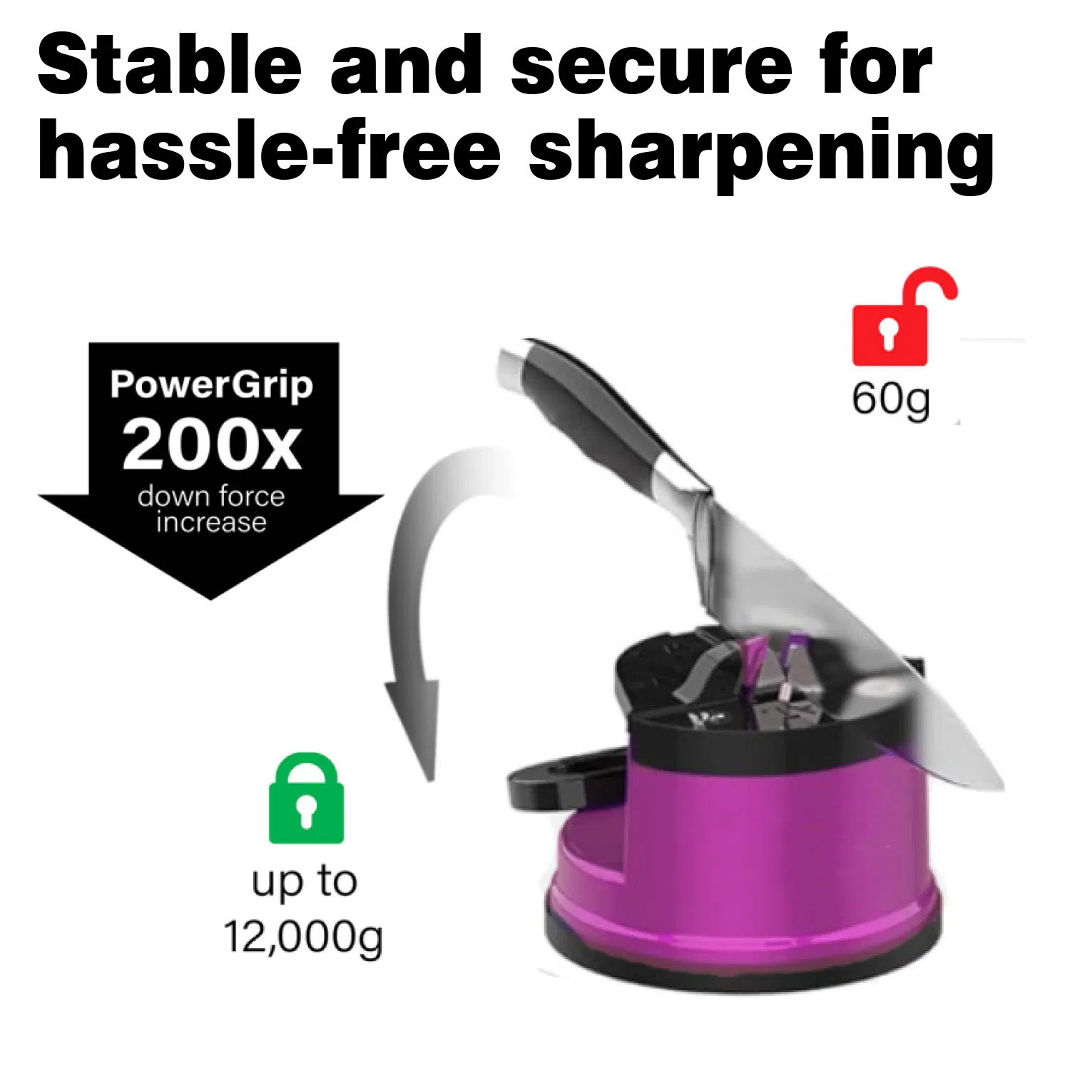 Pink Knife Sharpener Powergrip Suction Base 200X Force Increase Mini Size Fast 3 Step Sharpening for Most Kitchen Knives Tool