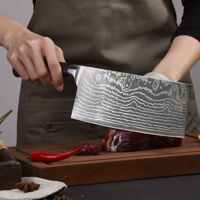 Stainless Steel Damascus 3Cr13 Cleaver Laser Pattern Chef Carving Knife