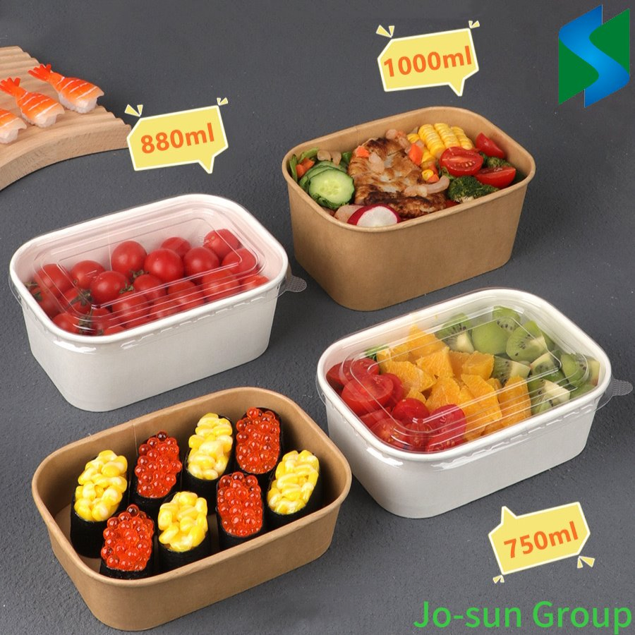 Jo-Sun New Design Disposable Rectangular Kraft Paper Bowl with Paper Lid Salad Bowl