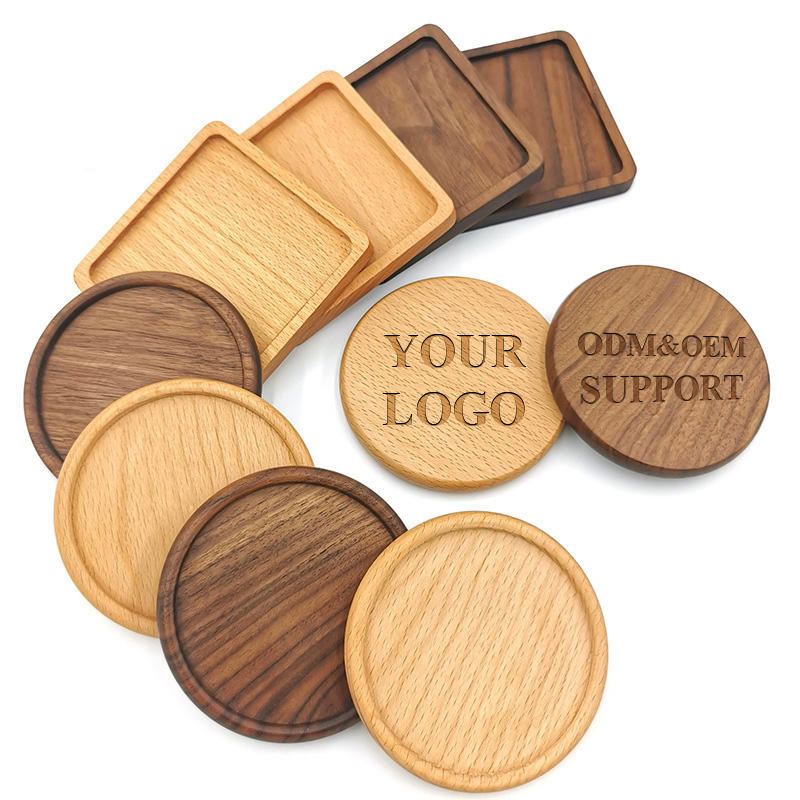 Factory Cup Mat Bulk Natural Wooden Coasters with Laser Engraving Logo Wood Coasters Walnut Bamboo Custom Logo Round Blank Gift