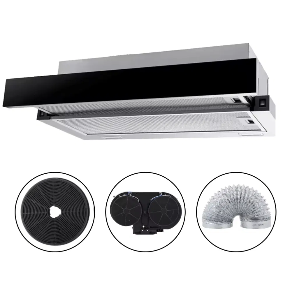 Kitchen 60cm Exhaust Hood Stainless Steel Front Panel Carbon Cyclic Pull-out Slide Wall Mounted Range Hood