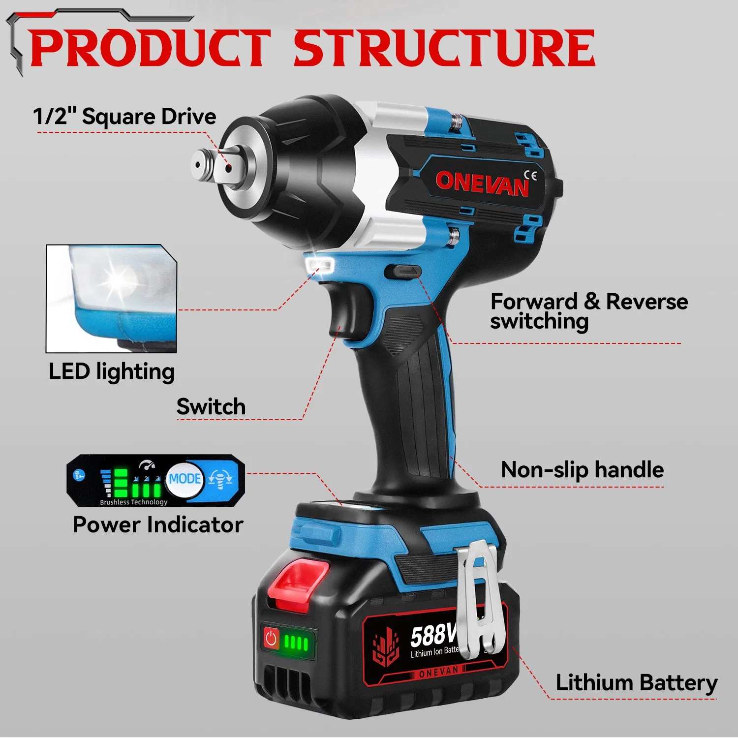 900nm 1/2 Inch Brushless Electric Impact Wrench Cordless Power Tool