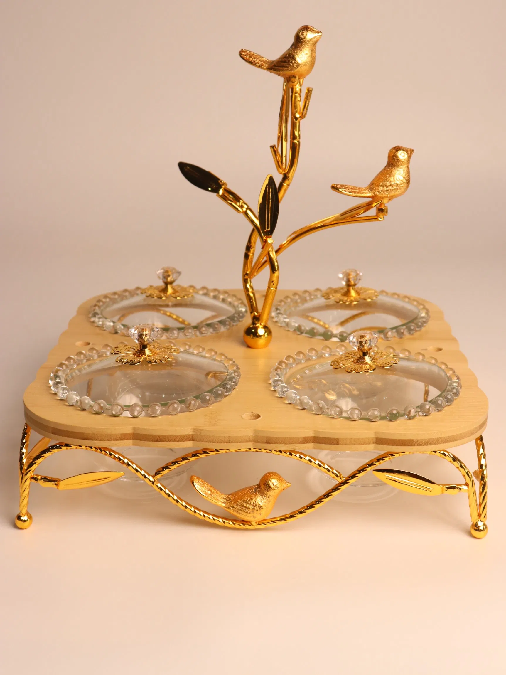 Home Ornament Gold-Plated Iron Frame with Large Size Four-Panel Glass Bowl