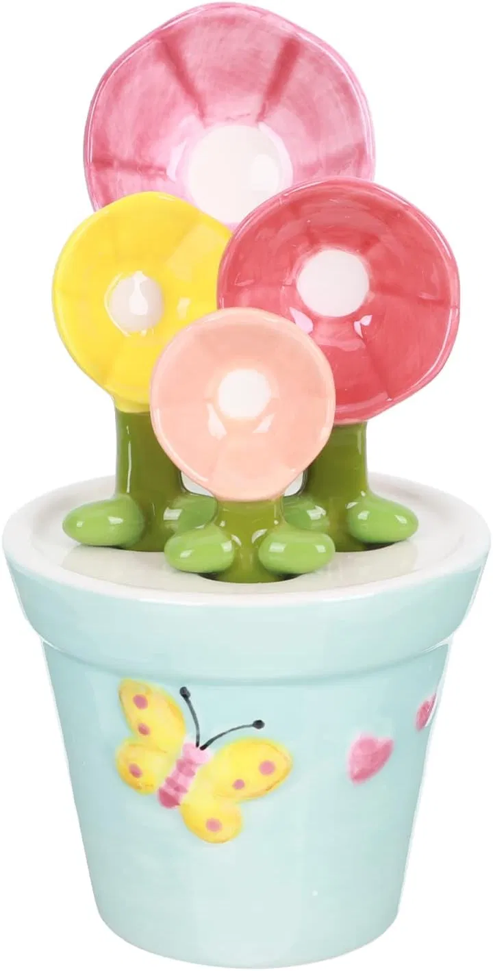 Butterfly Flower Cartoon Pattern Ceramic Kitchen Measuring Spoon Set with Storage Rack