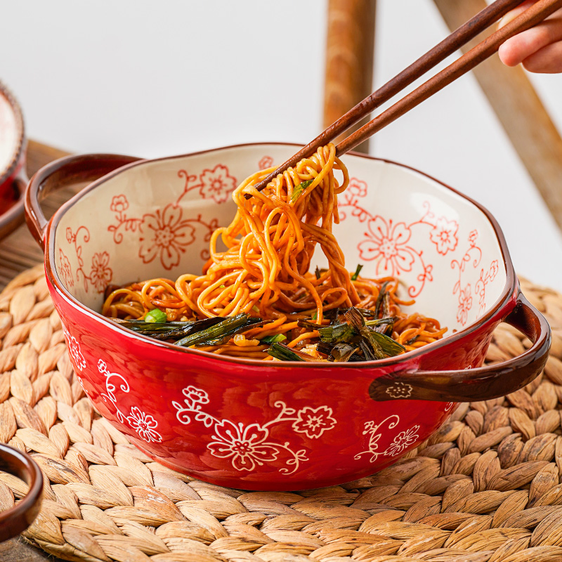 Hand Painted Ceramic Tableware Microwave Safe Ramen Soup Bowl with Double Ears