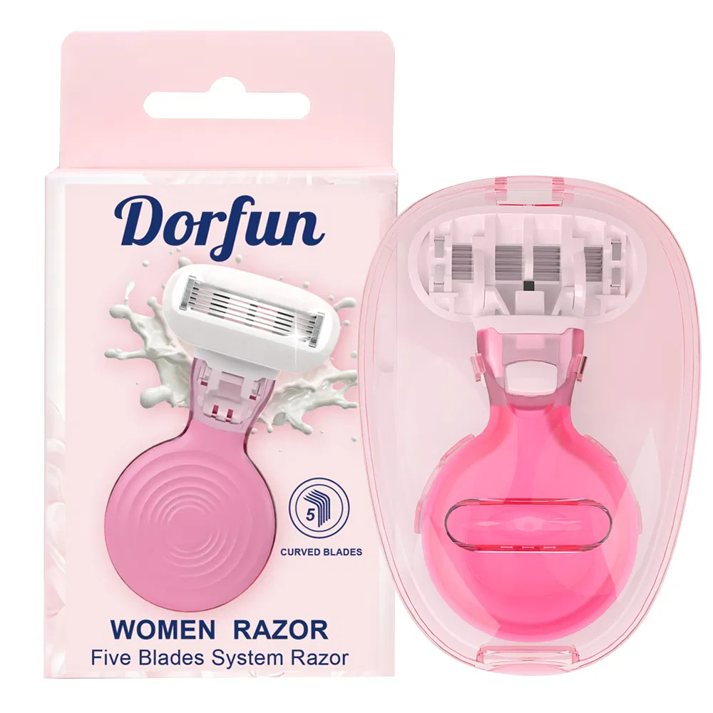 Flexible Bending 5-Blade Women's Razor Short Handle with Replaceable Cartridges & Travel Case, All-in-One Shaving Kit