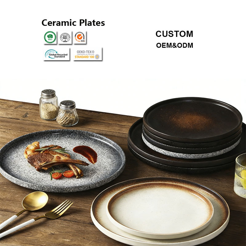 Custom Round Shallow Matte Black Restaurant Food Salad Steak Dinner Ceramic Plates