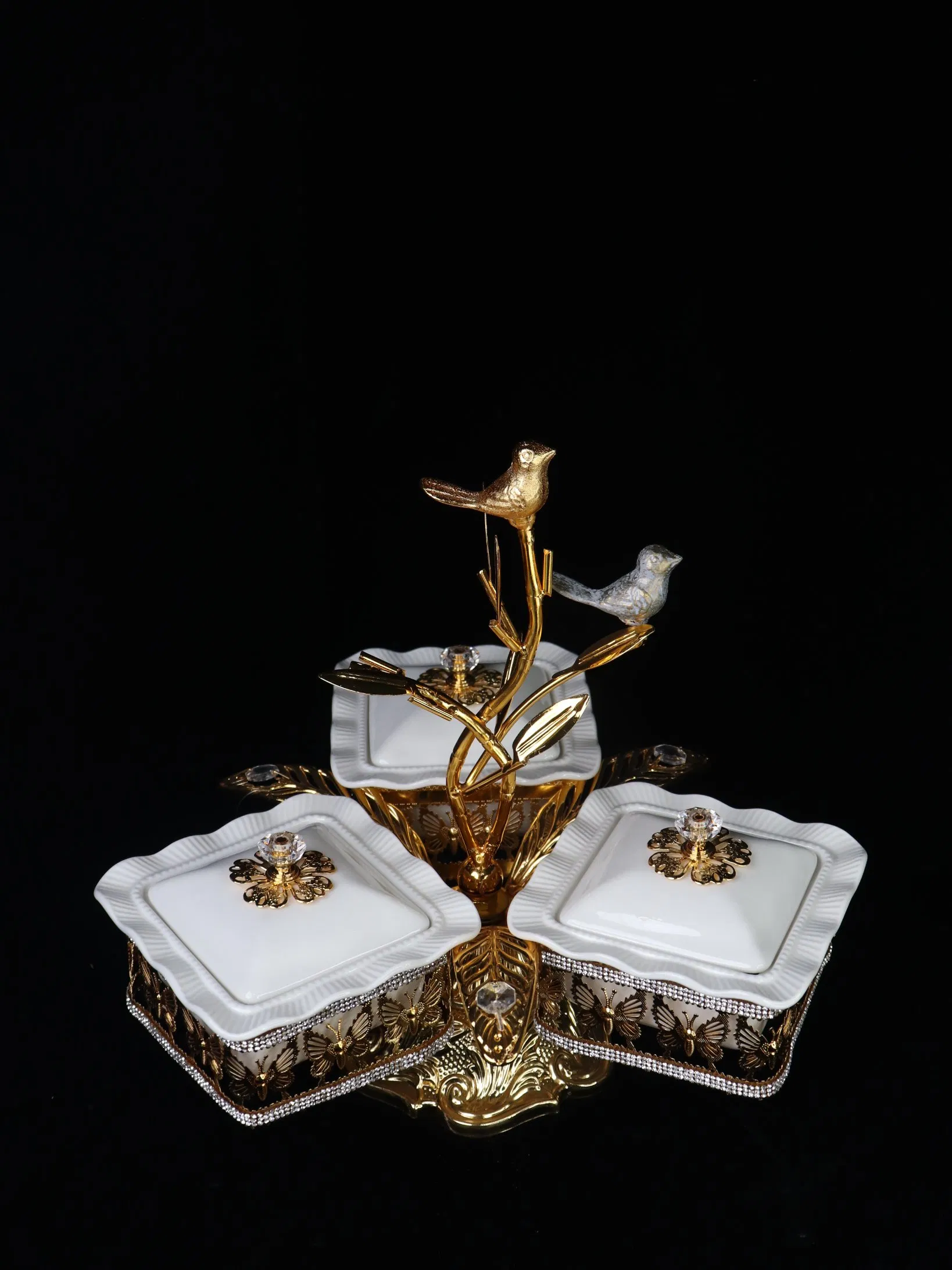 Home Ornament Gold-Plated Iron Frame with 3 Square Ceramic Bowl
