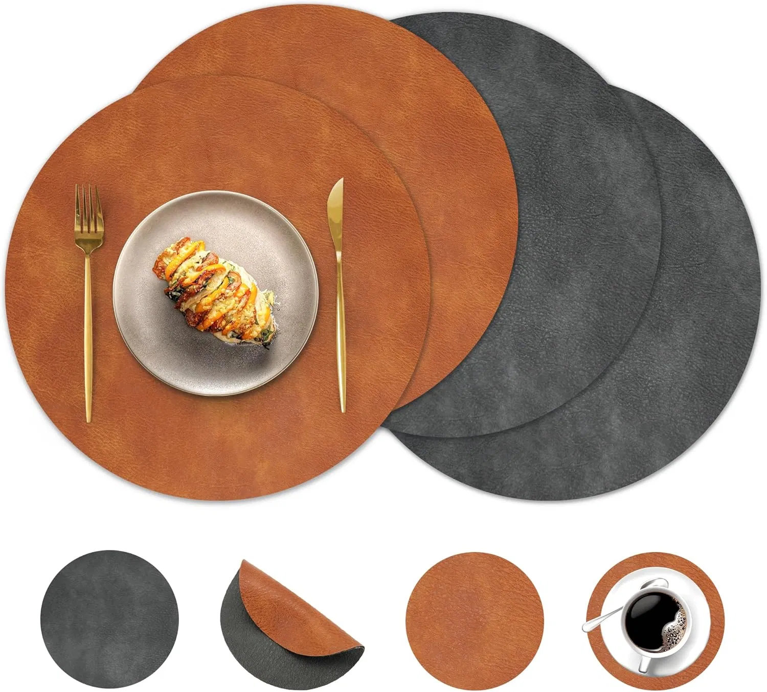 Round Placemats and Coasters Set of 4, Washable Reversible Faux Leather Placemats Cowhide Pattern Place Mats Wipeable Non-Slip 15 Inch Round Kitchen Dining Tabl