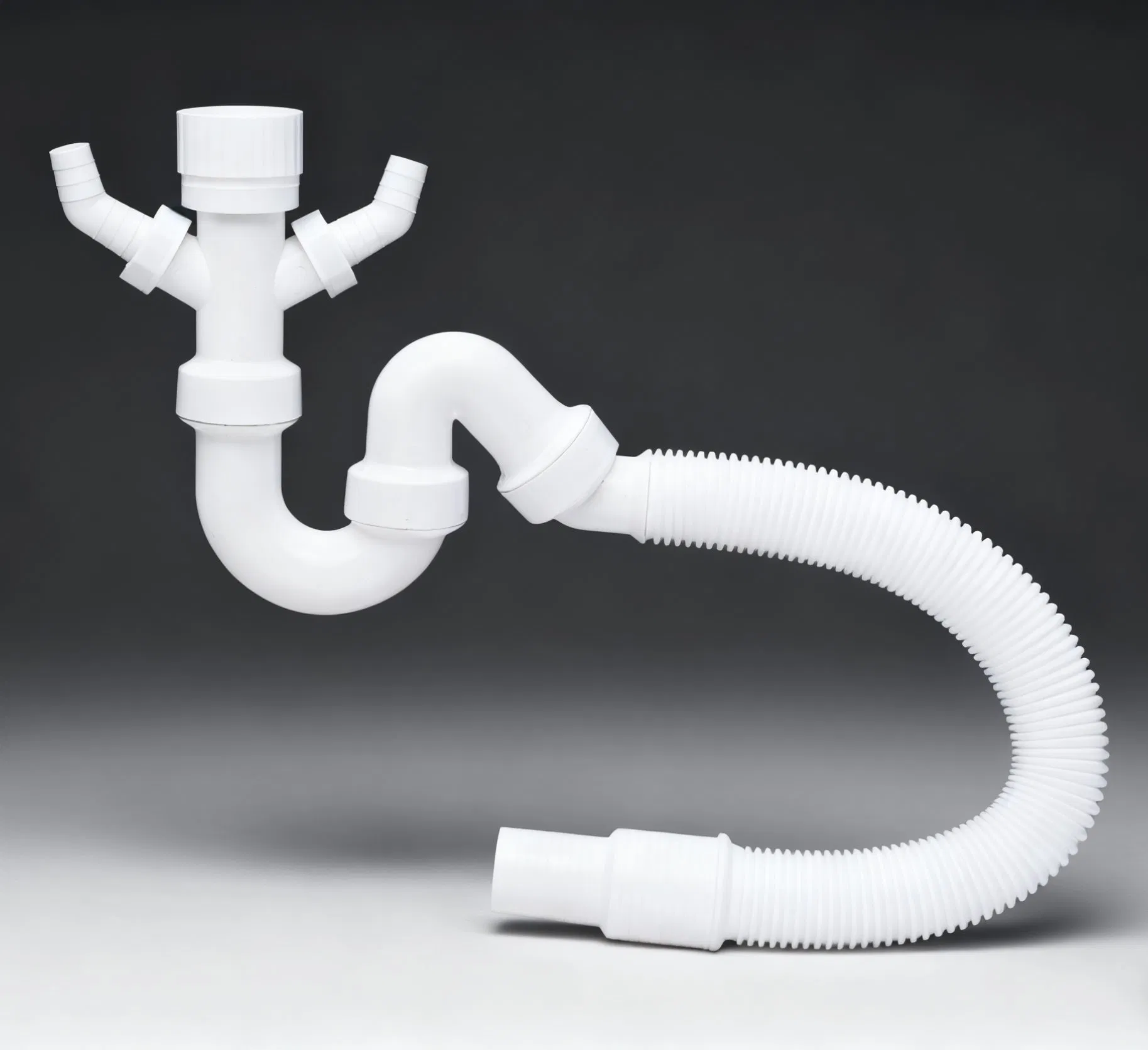 Flexible PP Pipe Kitchen Sink Drainer with Dual Water Overflow Ports