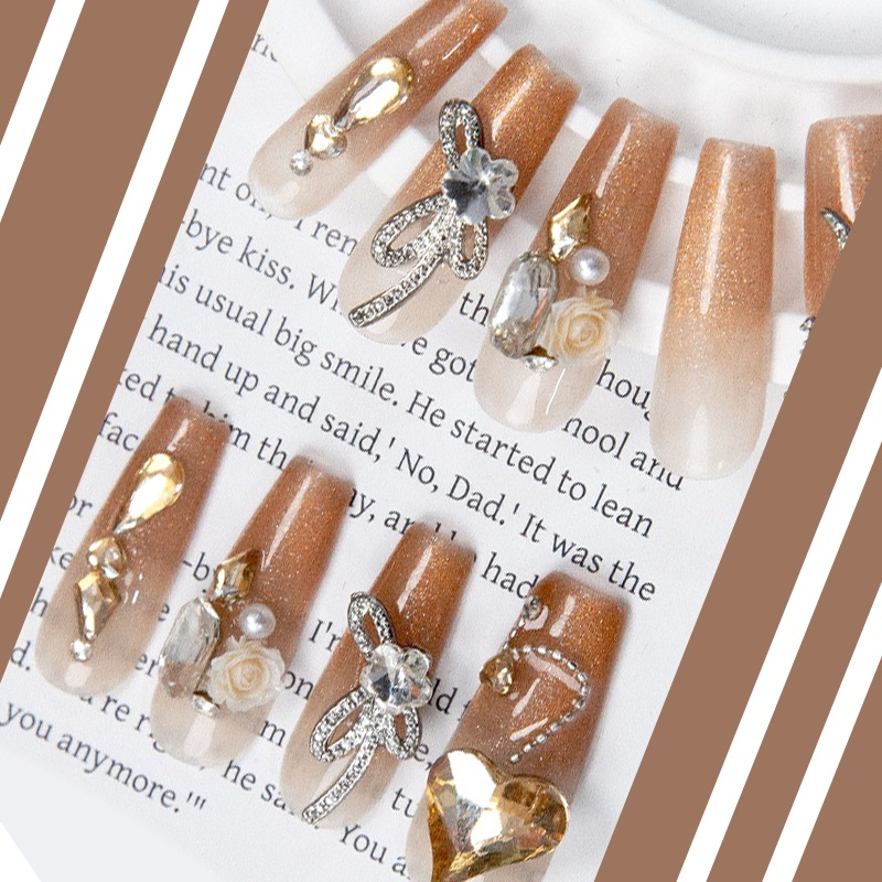 Glamorous Champagne Brown Gradient Press-on Nails with Pearls