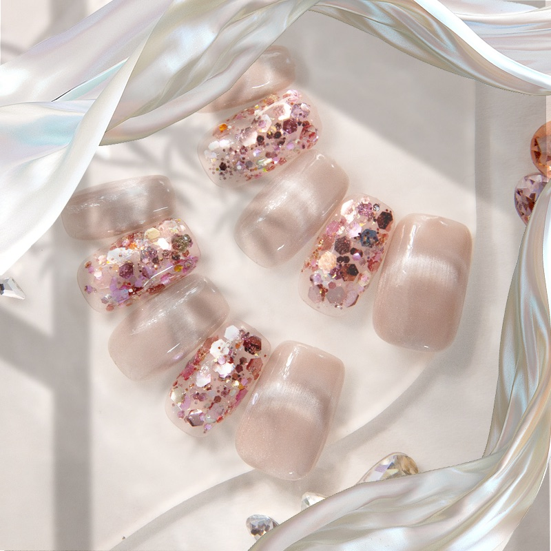 Customizable False Nails with Glitter & Cat Eye Effect - Elegant Press-on Nail Art Designs