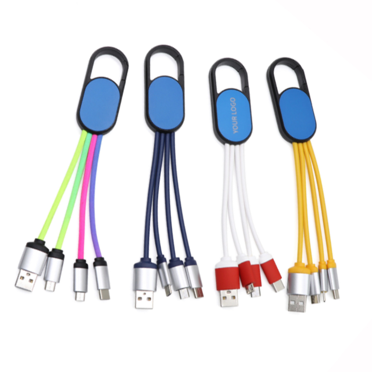 New Design TPE Carabiner Keychain Charger Cable Portable 3 in 1 USB Data Cable Keychain for Business Gift
