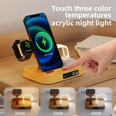 Foldable 3 in 1 Magnetic Wireless Charger Digital LED Light Desktop Alarm Clock Fast Wireless Charging Smartphone Watch Earbuds