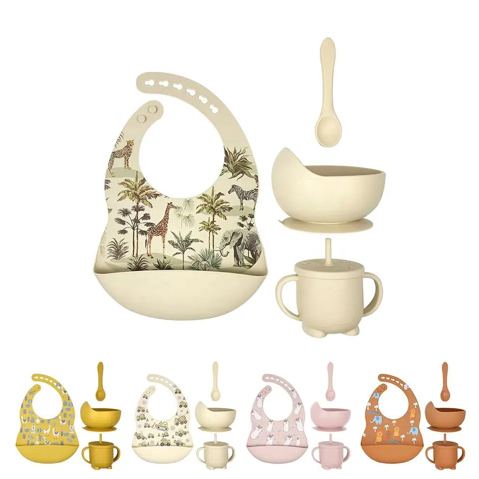 Wholesaleled Weaning Silicone Suction Plate Bowl Spoon Bibs BPA-Free Baby Feeding Set