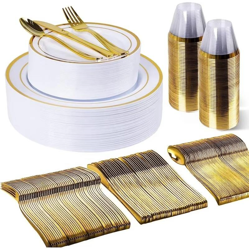 7.5 Inch Disposable Saladdessert Plates White Gold Rim Premium Hard Disposable Plastic Dishes Charger Plates Dinnerware Sets