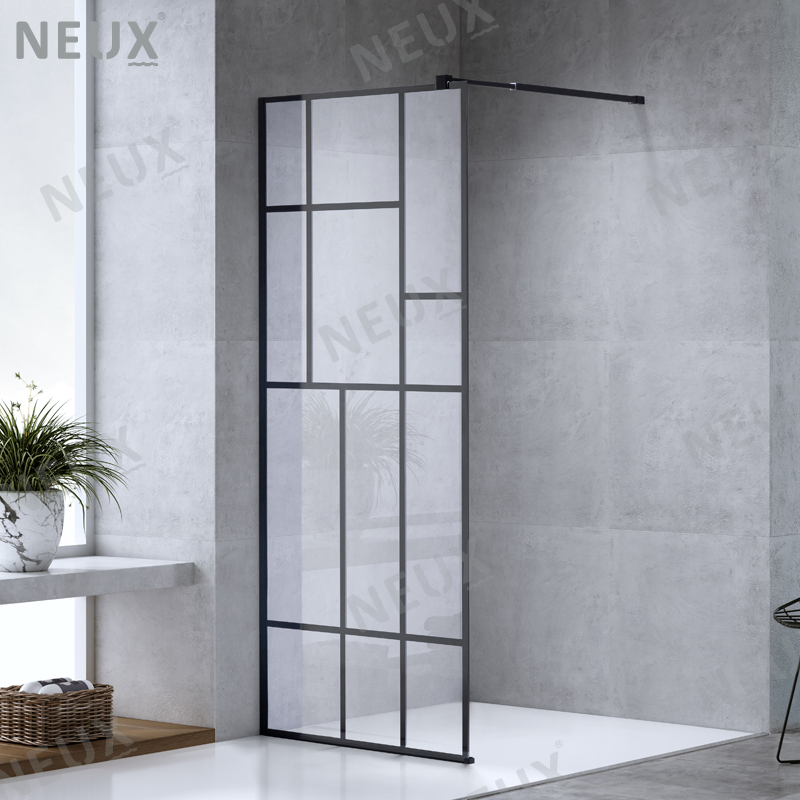 Elegant Bathroom Matt Black Grid Retractable Glass Goor Panel Shower Screen